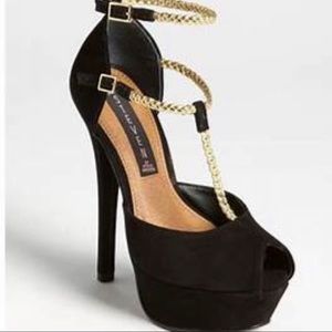Steven by Steve Madden adalyn leather peep toe platform heels black gold size 7